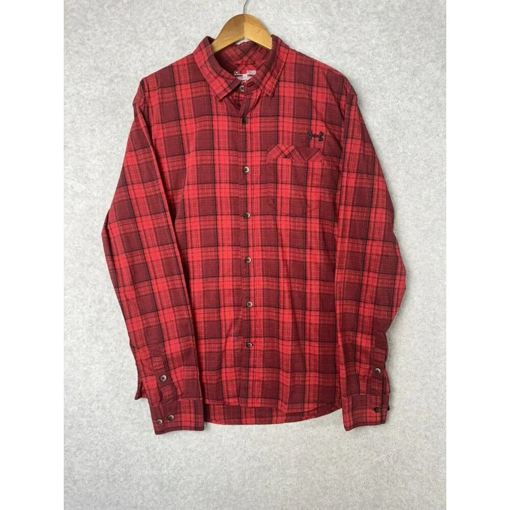 Under Armour Red Black Plaid‎ Button Up Long Sleeve Cold Gear XL PERFORMANCE EUC